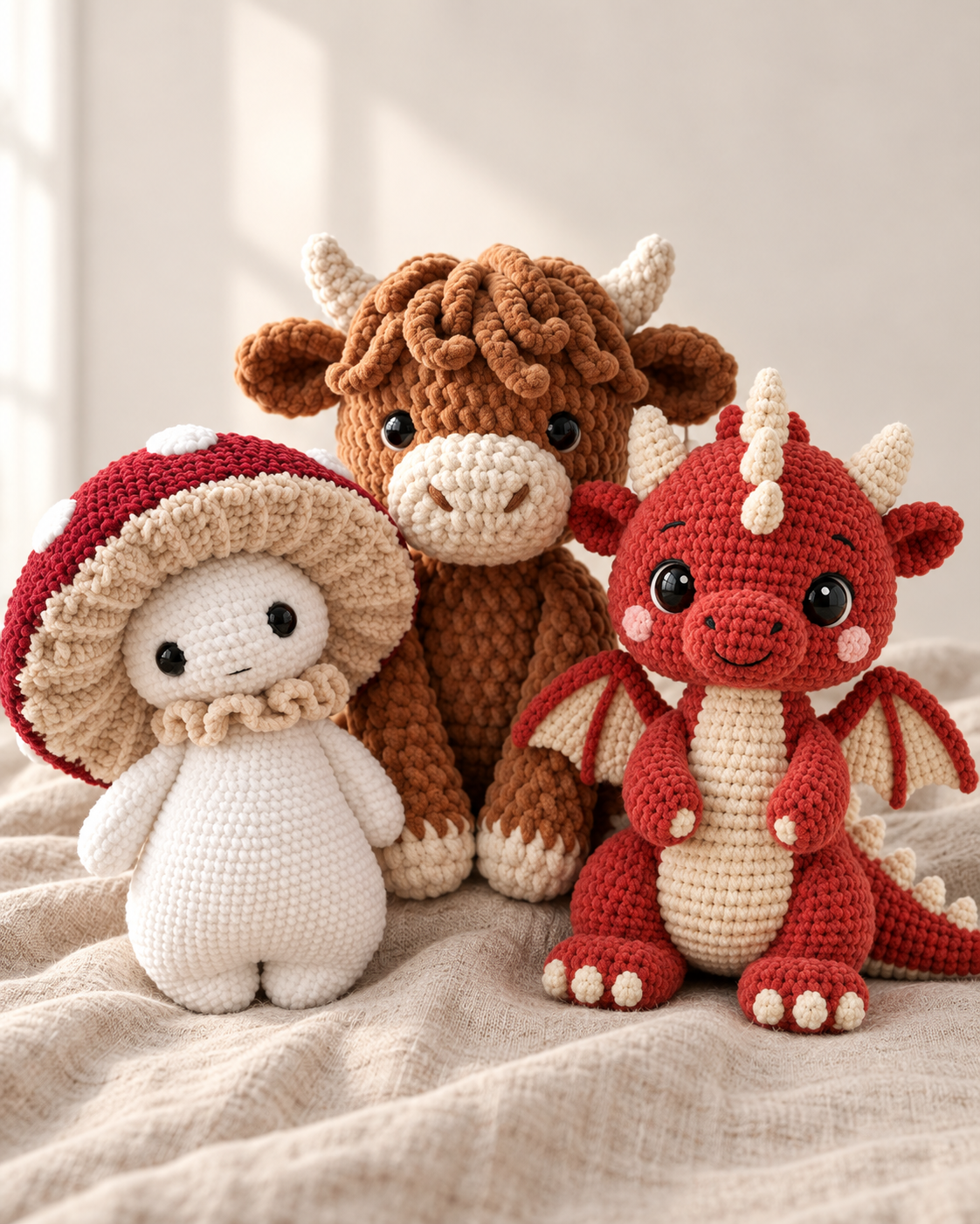Three crochet amigurumi characters: a mushroom, a Highland cow and a red dragon.