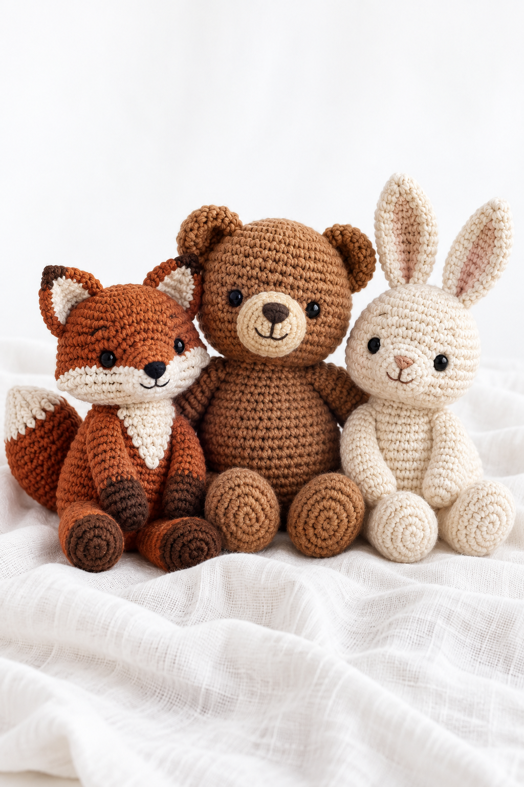 Fox, bear, and rabbit amigurumi friends