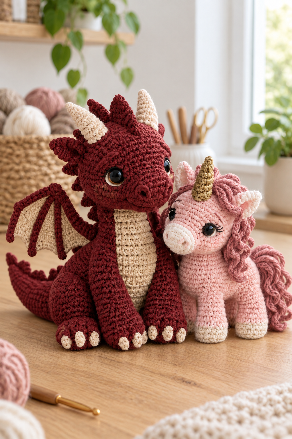 Crochet baby dragon and unicorn