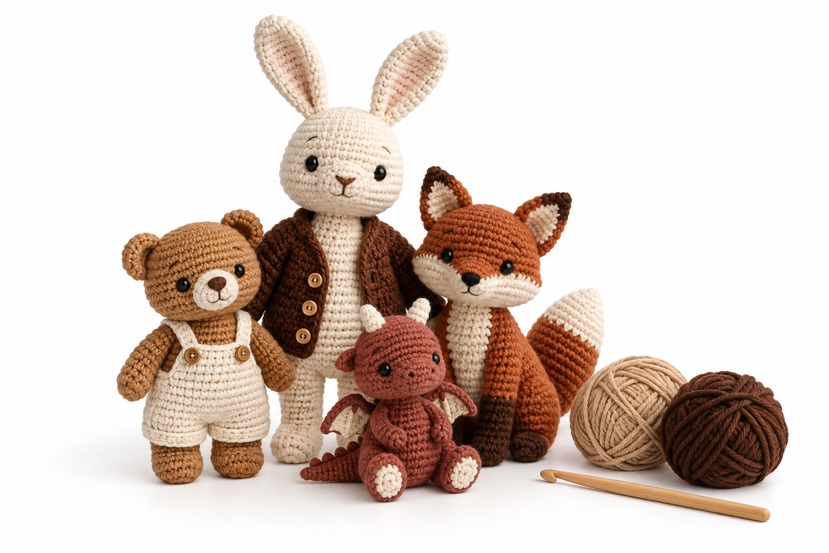 Rabbit, bear, fox, and baby dragon amigurumi friends with yarn and a crochet hook