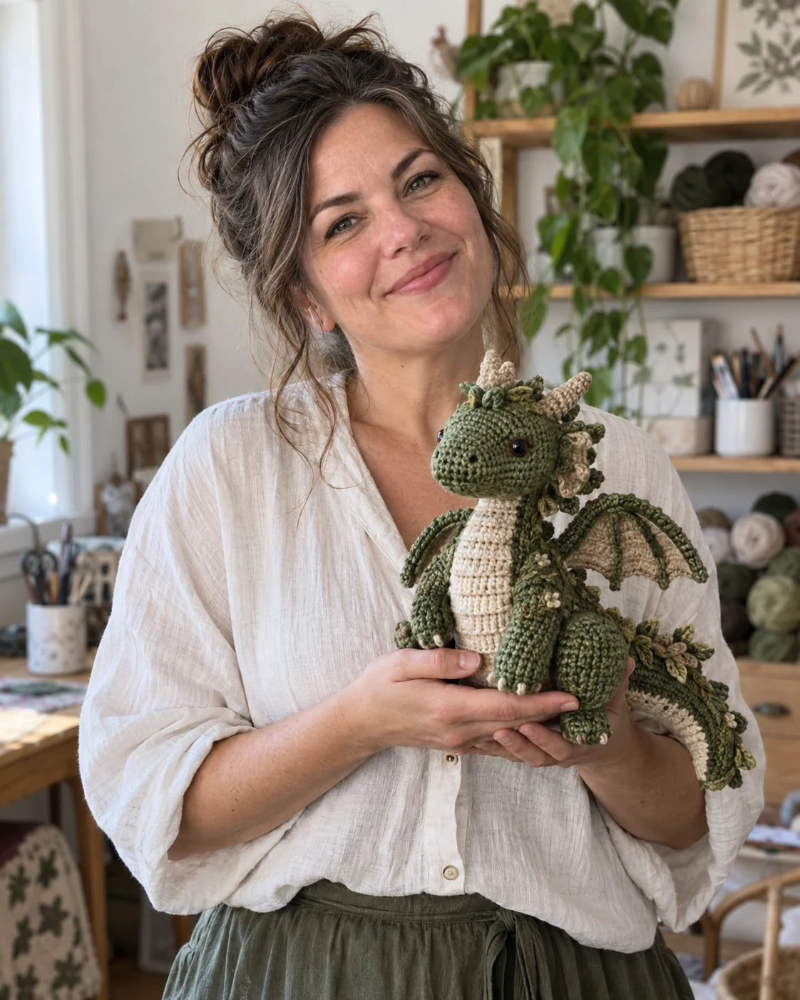Fictional Woolspell maker holding a moss green crochet dragon concept