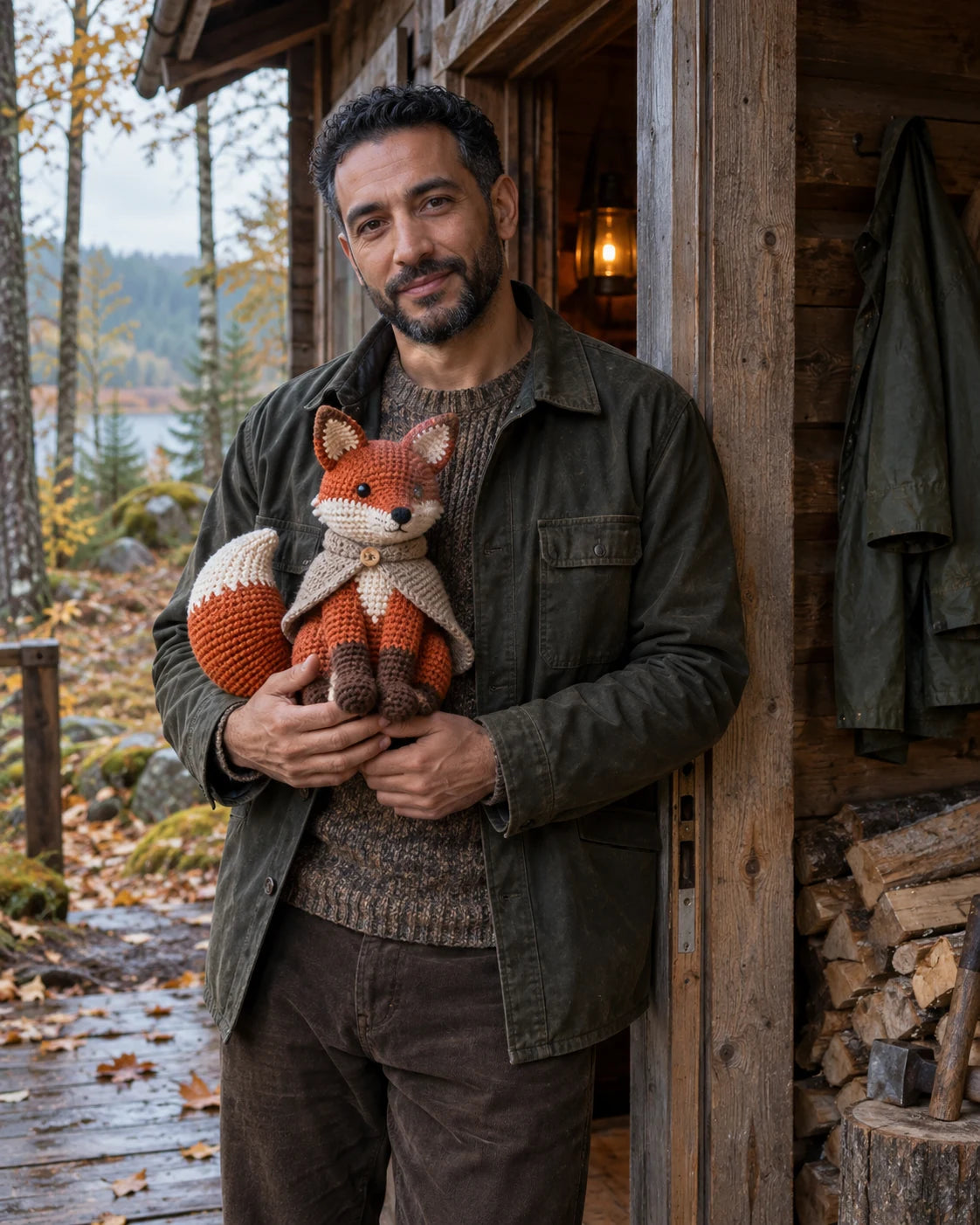 Fictional Woolspell maker at a woodland cabin holding a rust crochet fox concept