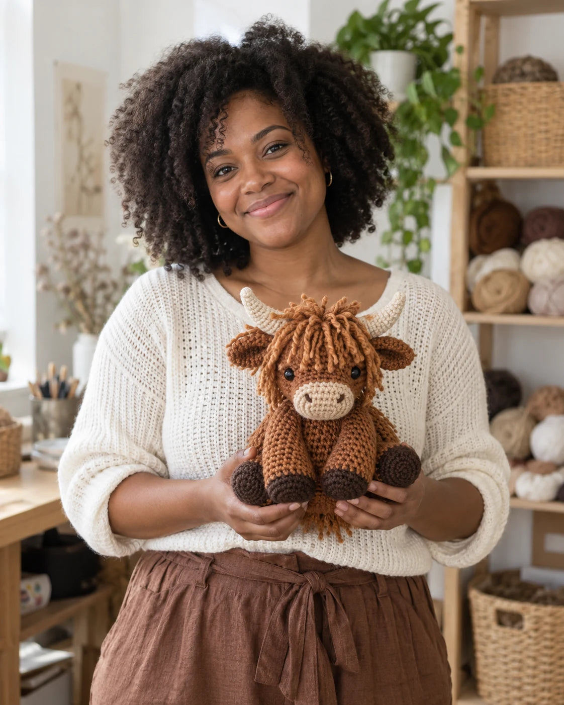 Fictional Woolspell maker holding a caramel crochet Highland cow concept