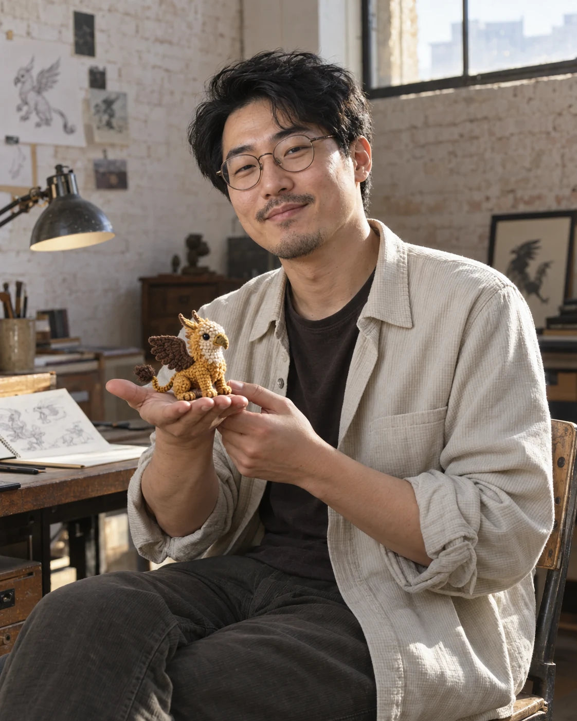 Fictional Woolspell maker presenting a tiny golden crochet pocket griffin concept