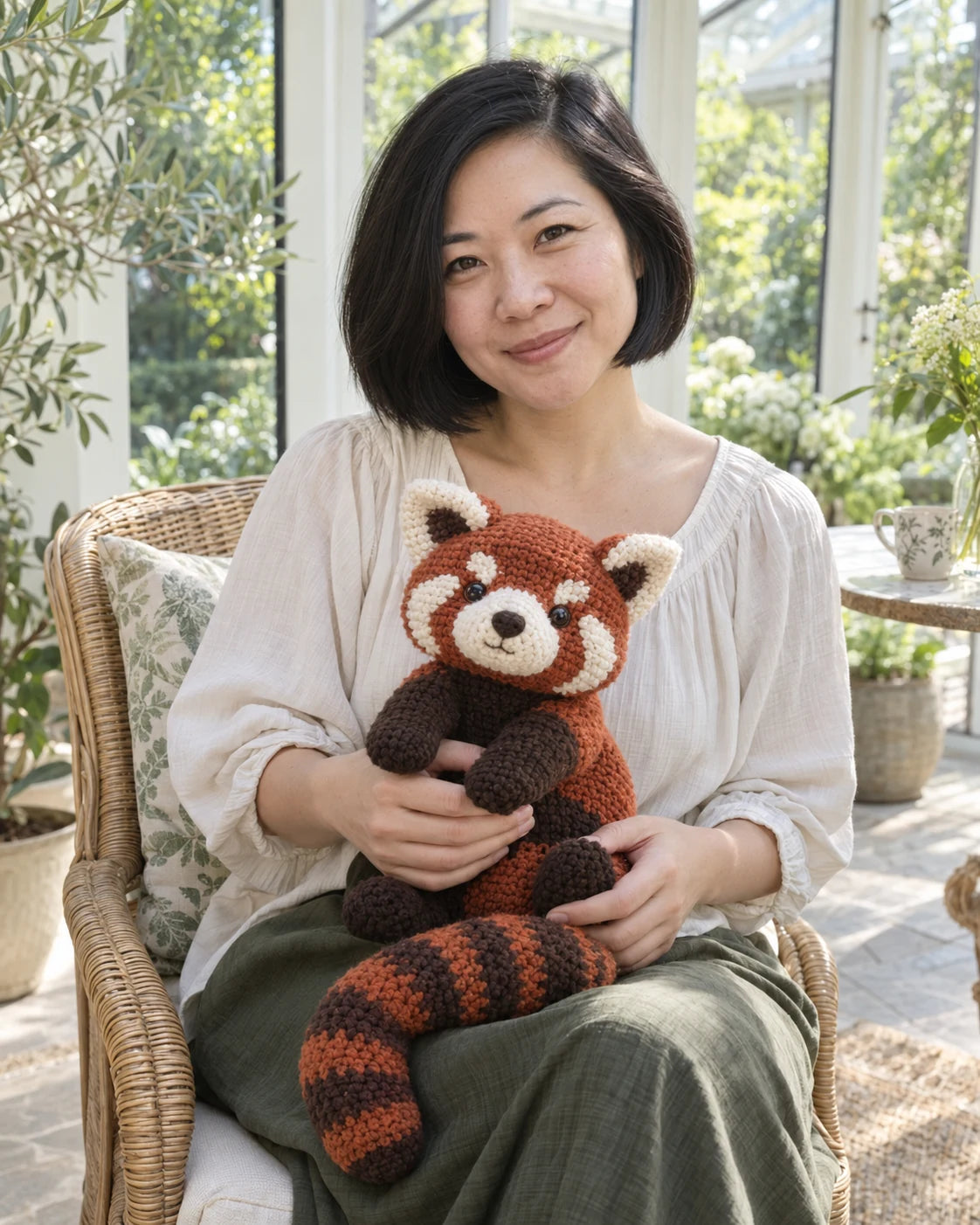 Fictional Woolspell maker holding a rust and brown crochet red panda concept