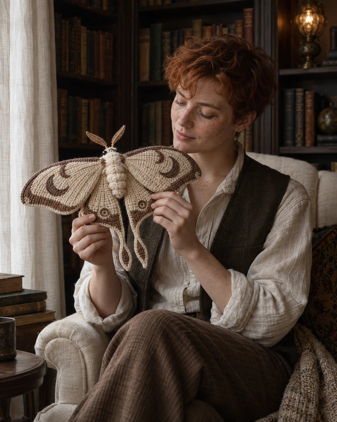 Fictional Woolspell maker holding a cream and brown crochet moon moth concept