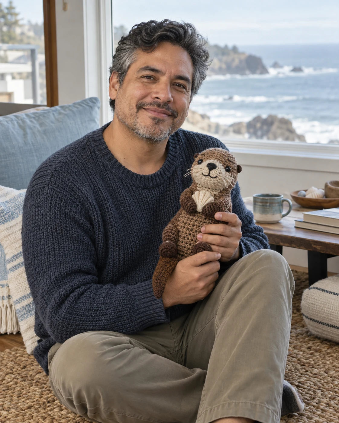 Fictional Woolspell maker holding a speckled brown crochet sea otter concept
