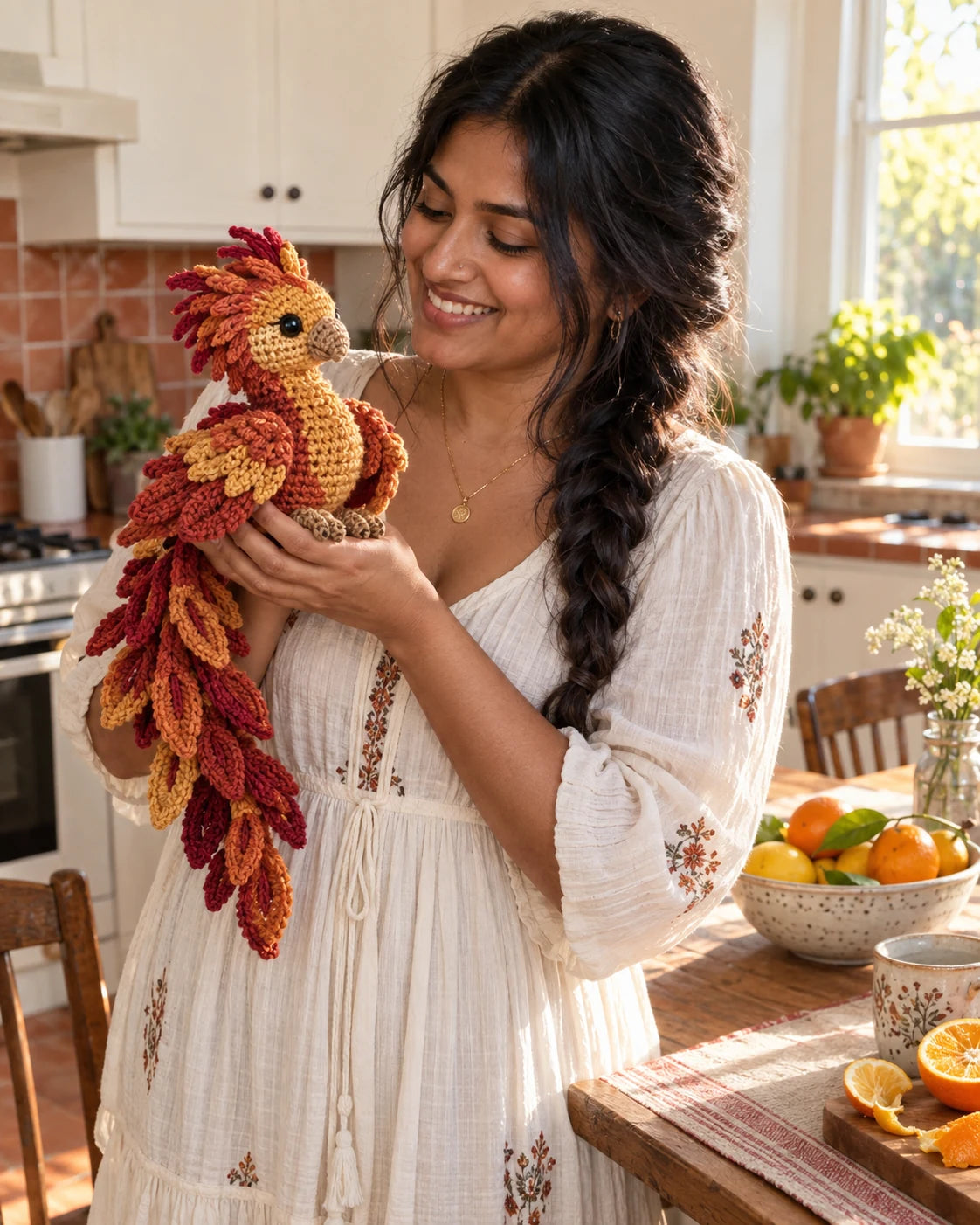 Fictional Woolspell maker holding a warm-colored crochet baby phoenix concept