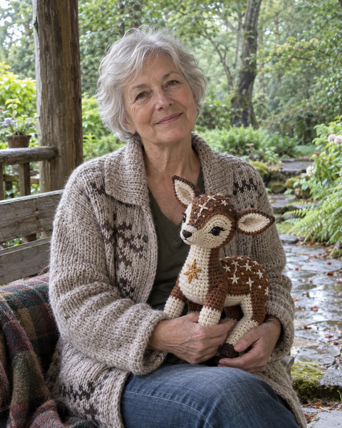 Fictional Woolspell maker holding a cream and chestnut crochet star fawn concept
